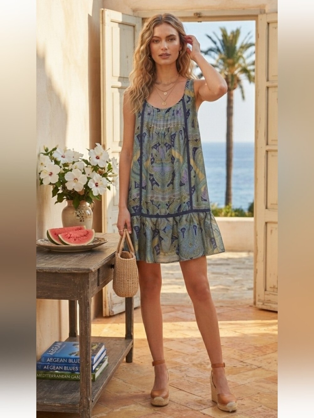 Anthropology Sleeveless Paisley Tiered Sundress in Blue-Green - Picture 2 of 6